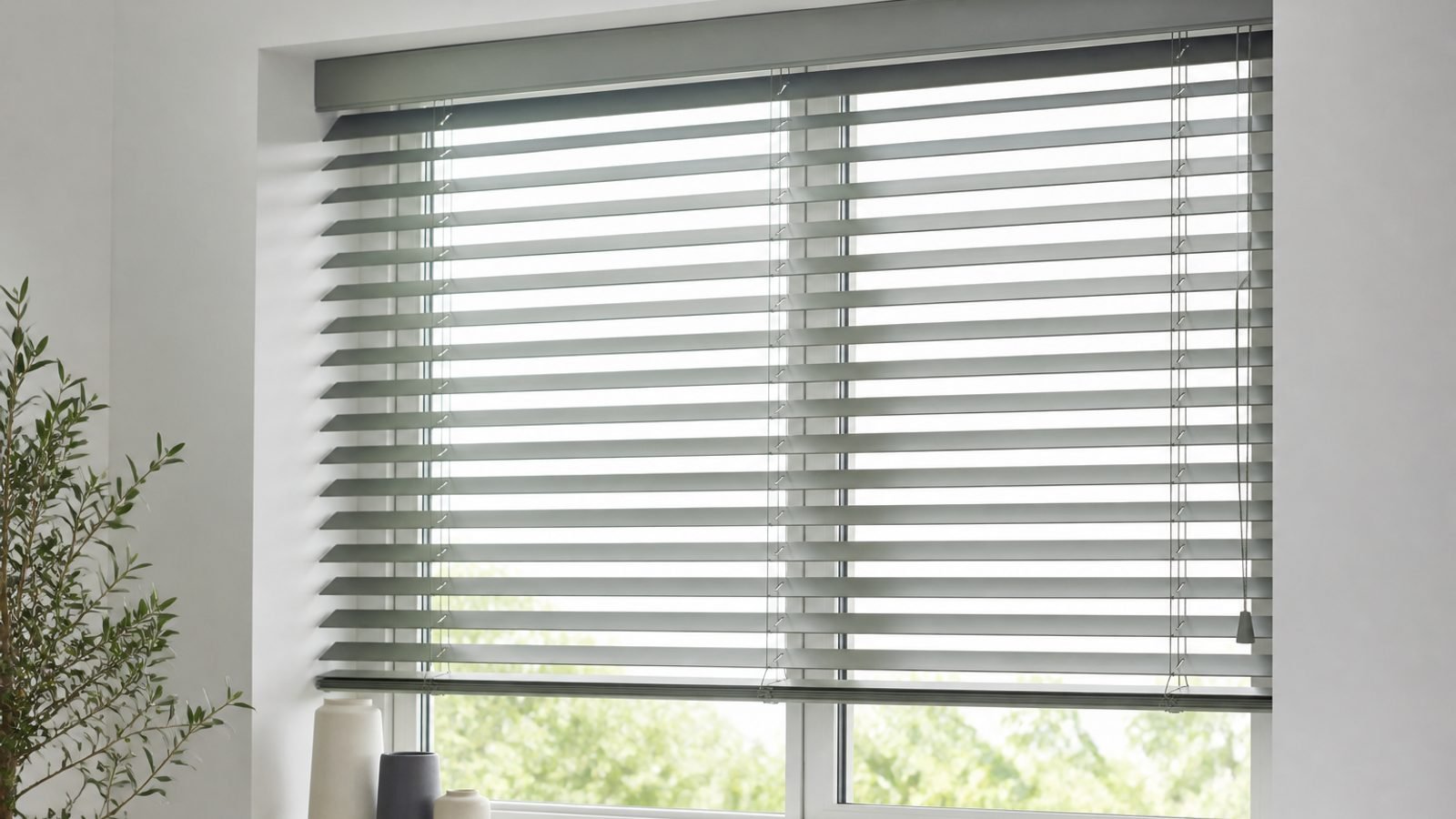 Window blinds filtering daylight in a bright room